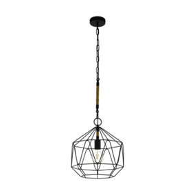 Hanging Ceiling Pendant Light Black Cage & Rope Chain 1x 40W E27 Feature Lamp