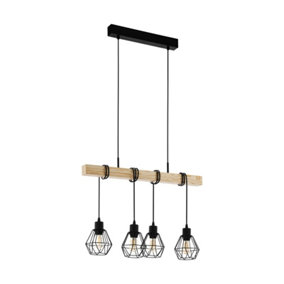 Hanging Ceiling Pendant Light Black Cage & Wood 4x E27 Kitchen Island Lamp