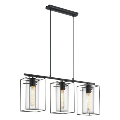 Hanging Ceiling Pendant Light Black Frame & Smoked Glass 3 Bulb Kitchen Lamp