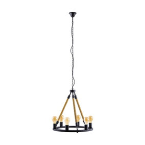 Hanging Ceiling Pendant Light Black & Rope 6x 60W E27 Round Feature Chandelier