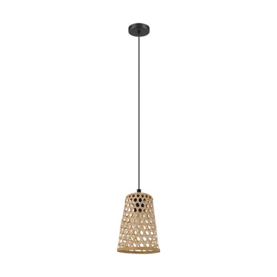 Hanging Ceiling Pendant Light Black & Wicker 1 x 40W E27 Hallway Feature Lamp