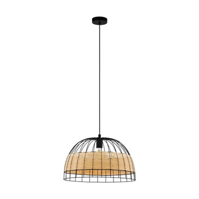 Hanging Ceiling Pendant Light Black & Wicker 1x 40W E27 Hallway Feature Lamp