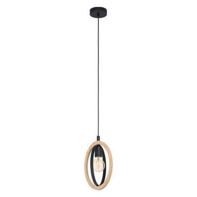 Hanging Ceiling Pendant Light Black & Wood Hoop Shade 1 x 40W E27 Bulb