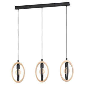 Hanging Ceiling Pendant Light Black & Wood Hoop Shade 3 x 40W E27 Bulb