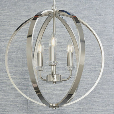 Hanging Ceiling Pendant Light Bright Nickel Globe Shade 3 Bulb Orb Loop Lamp