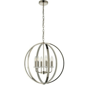 Hanging Ceiling Pendant Light Bright Nickel Globe Shade 6 Bulb Orb Loop Lamp