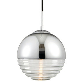 Hanging Ceiling Pendant Light CHROME & RIBBED GLASS Sphere Ball Lamp Bulb Holder