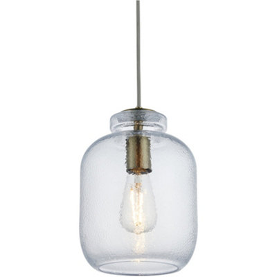 Hanging Ceiling Pendant Light - Clear Textured Glass & Antique Brass Plate - 10W LED E27
