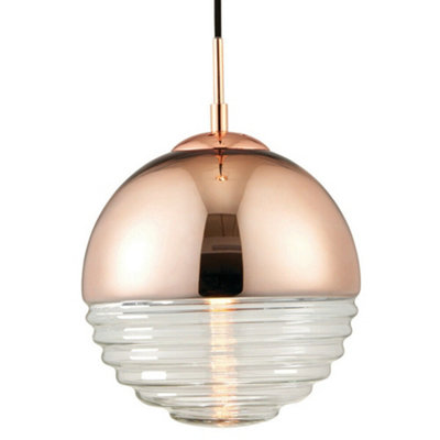 Hanging Ceiling Pendant Light COPPER & RIBBED GLASS Sphere Lamp Bulb Holder