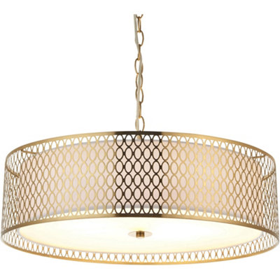 Hanging Ceiling Pendant Light - Gold Effect Plate White Fabric & Frosted Glass - 3 X 10W LED E27