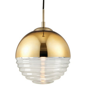Hanging Ceiling Pendant Light GOLD & RIBBED GLASS Sphere Ball Lamp Bulb Holder