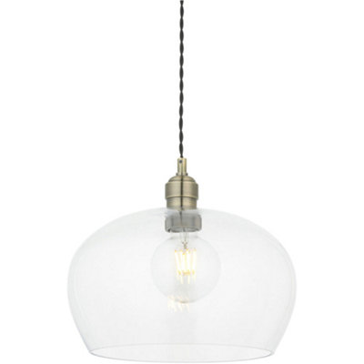 Hanging Ceiling Pendant Light - Medum Antique Brass Plate & Clear Glass - 10W LED E27