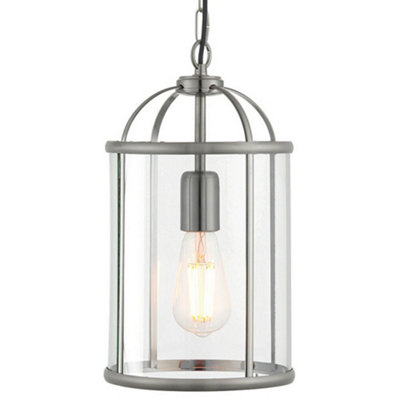 Hanging Ceiling Pendant Light Nickel & Glass Lantern Box Shade Lamp Bulb Holder