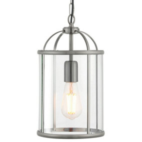 Hanging Ceiling Pendant Light Nickel & Glass Lantern Box Shade Lamp Bulb Holder