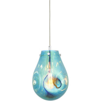 Hanging Ceiling Pendant Light - Petrol Blue Metallic Glass & Chrome Plate - 10W LED E27