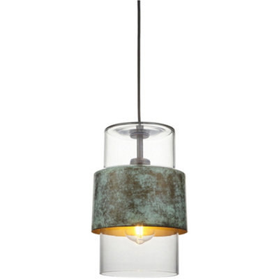 Hanging Ceiling Pendant Light - Verdigris Bronze Plate & Clear Glass - 10W LED E27