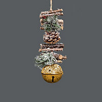 Hanging Decoration with Jingle Bells Wooden Sticks, Berries and Pinecones Christmas Home Wall Door 33cm Golden