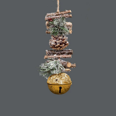 Hanging Decoration with Jingle Bells Wooden Sticks, Berries and Pinecones Christmas Home Wall Door 33cm Golden