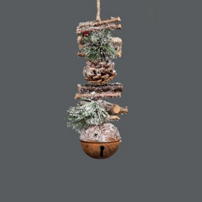 Hanging Decoration with Jingle Bells Wooden Sticks, Berries and Pinecones Christmas Home Wall Door 33cm Rustic