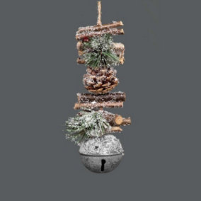 Hanging Decoration with Jingle Bells Wooden Sticks, Berries and Pinecones Christmas Home Wall Door 33cm Silver