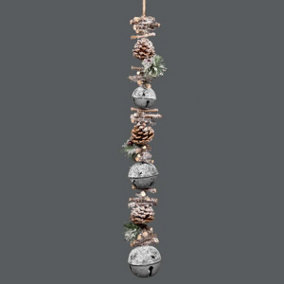 Hanging Decoration with Jingle Bells Wooden Sticks, Berries and Pinecones Christmas Home Wall Door 90cm Silver