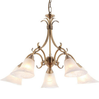 Hanging Flush Ceiling Pendant 5 Light BRASS & GLASS Shade Chandelier Lamp Bulb
