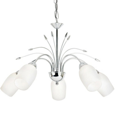 Hanging Flush Ceiling Pendant 5 Light CHROME & GLASS Chandelier Lamp Bulb Holder