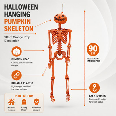 Hanging Pumpkin Skeleton Halloween Prop Decoration 90cm Orange Plastic