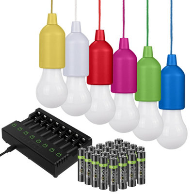 Hanging String Lights for Camping, Home and Garden LED (6-Pack) Portable plus 24 x AAA Batteries plus 8-Way Charging Dock