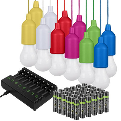 Hanging String Lights Portable LED (12-Pack) plus 36 x AAA Batteries plus 8-Way Charging Dock
