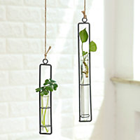 Hanging Test Tube Glass Hydroponic Planter with Hemp Rope H 225 mm