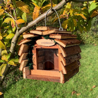 Hanging Wooden Barkwood Seed Bird Feeder