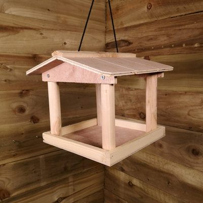 Hanging Wooden Garden Bird Seed Feeder Table with Roof