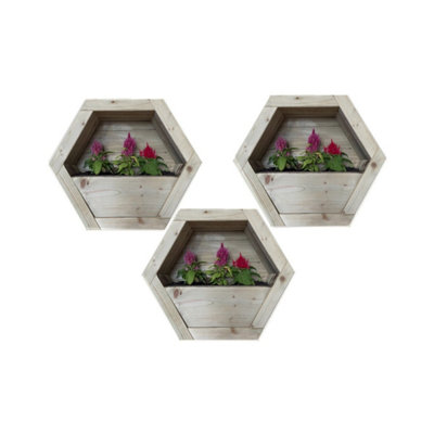 Hanging Wooden Hexagon Wall Planter (Set of 3) - L16 x W54 x H47 cm ...