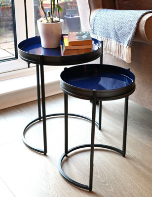 Hannah Round Metal Tray Top Nest Of 2 Tables, Grey/Blue