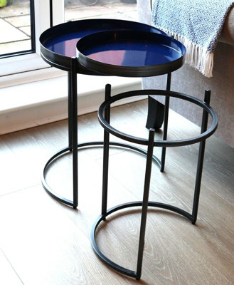 Hannah Round Metal Tray Top Nest Of 2 Tables, Grey/Blue