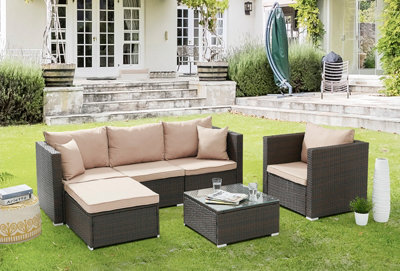 Hanoi L-Shape Brown Rattan Garden 6 Piece Sofa Set Chair Coffee Table Dark Beige Cushions