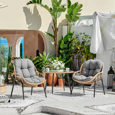 Hanopu 3PCS Garden Rattan Bistro Set With Cushions and Glass Topped Coffee Table