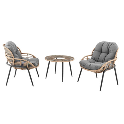 Hanopu 3PCS Garden Rattan Bistro Set With Cushions and Glass Topped Coffee Table