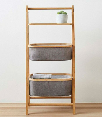 Happer 3-Tier Folding Bamboo Frame Grey Fabric Storage Rack,Natural/Grey