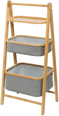 Happer 3-Tier Folding Bamboo Frame Grey Fabric Storage Rack,Natural/Grey