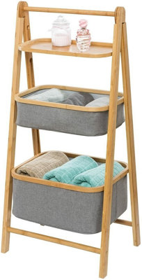 Happer 3-Tier Folding Bamboo Frame Grey Fabric Storage Rack,Natural/Grey