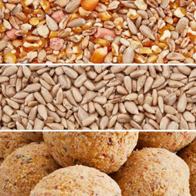 Happy Beaks Premium Wild Bird Food Feed Mix Sunflower Hearts Suet Fat Balls & No Mess Seed (39kg)