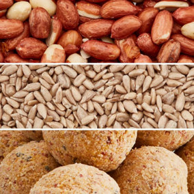 Happy Beaks Premium Wild Bird Food High Energy Feed Mix Suet Fat Balls & Aflatoxin Tested Peanuts & Sunflower Seed Hearts Feed