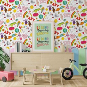 Happy News Sticker Doodle Multicolour Kids Wallpaper