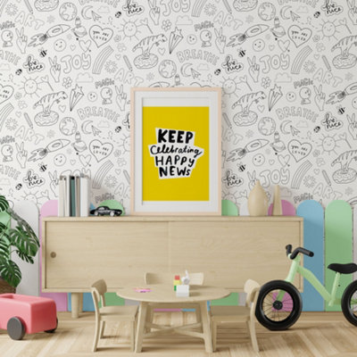 Happy News Sticker Doodle White Kids Wallpaper