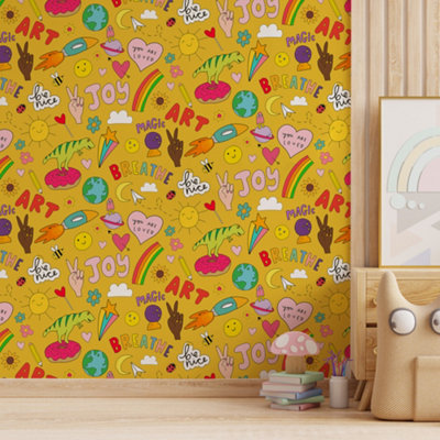 Happy News Sticker Doodle Yellow Kids Wallpaper