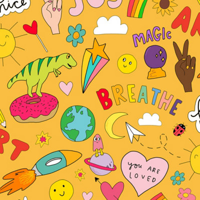 Happy News Sticker Doodle Yellow Kids Wallpaper