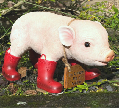 Happy Pig in Red Welly Boots with removable 'I'm a Happy Pig in Puddles' sign