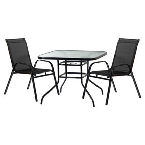 Harbour Housewares - 2 Person Garden Furniture Set - Glass Top Outdoor Patio Coffee Bistro Table and Chairs - 90 x 90cm - Black